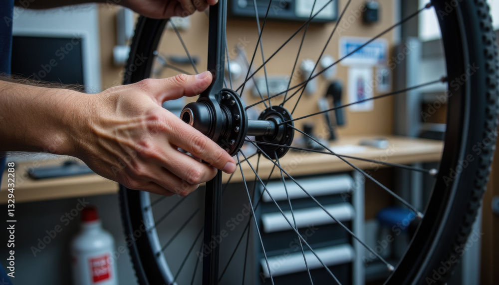 Obraz premium Close-up of person aligning a bicycle wheel using a truing stand