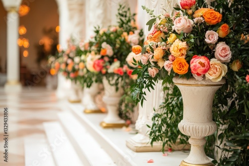 Elegant floral arrangements in ornate vases line an architectural corridor