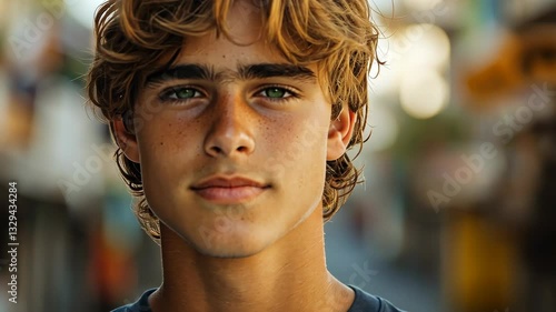 Portrait of a Teenager with Curly Hair and Green Eyes