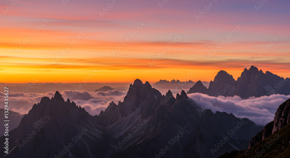 Naklejka premium A golden sunset behind the mountains, with soft clouds glowing in the evening light.