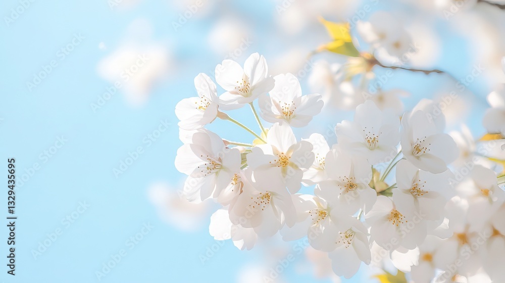 Branches of blossoming cherry macro with soft focus on gentle light blue sky background in sunlight with copy space. Beautiful floral image of spring nature. Branches of blossoming cherry macro with soft focus on gentle light blue sky background in sunlight with copy space. Beautiful floral image of spring nature.