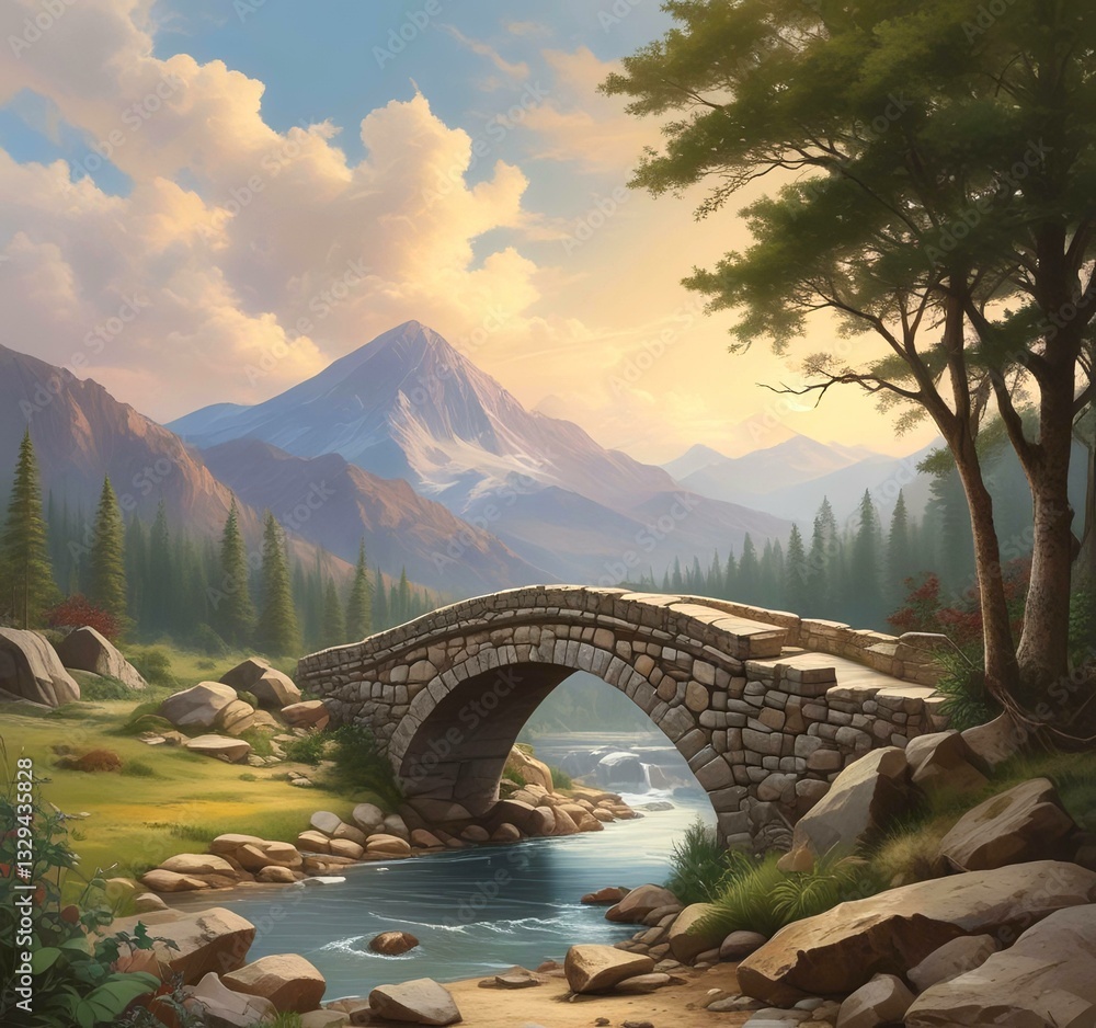 Fototapeta premium Illustration of wild nature landscape with arc stone bridge on river.