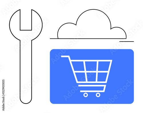 Shopping cart on blue screen, wrench, cloud. Ideal for e-commerce, cloud computing, tools, online shopping, digital solution technology integration maintenance. Flat simple metaphor