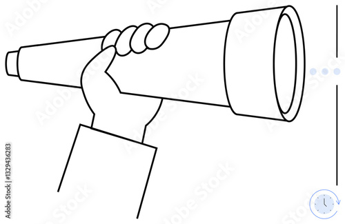 Hand gripping a telescope signifying vision, exploration, and foresight in simple linear style. Ideal for strategy, innovation, leadership, discovery, future planning ambition insight. Flat simple