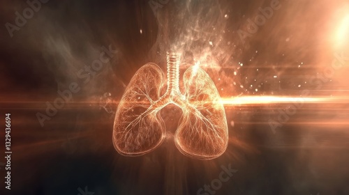 A surreal artistic depiction of human lungs with ethereal lighting and energy flows, symbolizing health, vitality, and the importance of breathing in life.