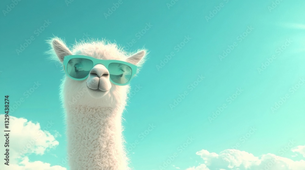 Fototapeta premium Llama wearing trendy sunglasses against a bright blue sky, cool style.