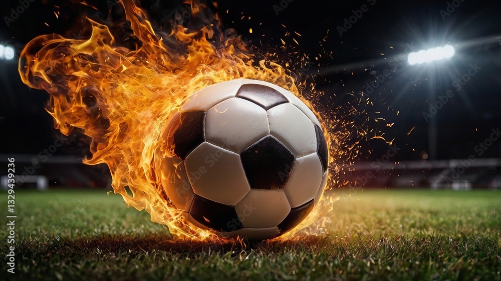 Fototapeta premium Burning soccer ball on a stadium field, concept background soccer event, sports poster, dynamic football events, team motivation