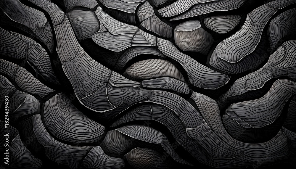 Obraz premium Repeating black, hand-drawn abstract forms resembling cracked stones or shells, creating a textured, organic design. 
