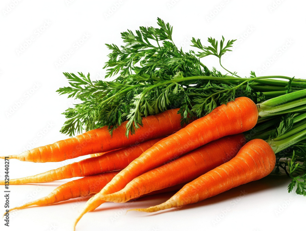 Fresh carrots with green leaves on a white background. Fresh carrots with green leaves on a white background.