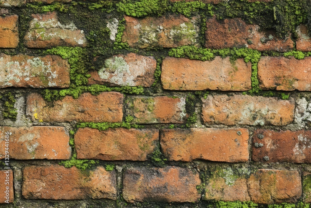Obraz premium Chaotic Texture of an Old Brick Wall Adorned with Lush Green Moss