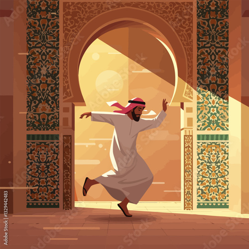 Man Running Through Middle Eastern Archway with Decorative Design