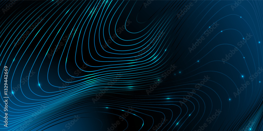 Luminous flowing lines in blue, purple and teal tones over a dark background. Abstract Background for advertising campaigns, digital interfaces, data visualisation. Copy space Luminous flowing lines in blue, purple and teal tones over a dark background. Abstract Background for advertising campaigns, digital interfaces, data visualisation. Copy space