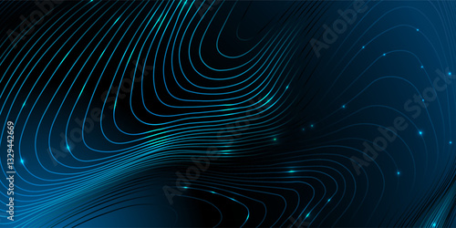 Luminous flowing lines in blue, purple and teal tones over a dark background. Abstract Background for advertising campaigns, digital interfaces, data visualisation. Copy space