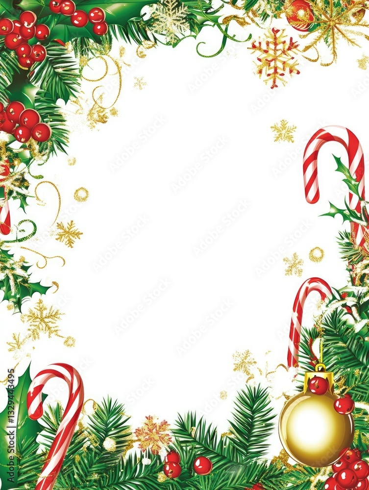 Festive Christmas Frame: A Fun Border of Berries, Bulbs, and Candy Canes in a Whimsical Clip Art Style Festive Christmas Frame: A Fun Border of Berries, Bulbs, and Candy Canes in a Whimsical Clip Art Style