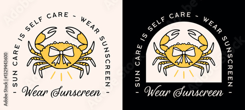 Wear sunscreen quote sun care is self care spf uv protection kids girl coastal summer retro preppy aesthetic. Beach natural skincare logo black yellow crab illustration for badge sticker shirt design.