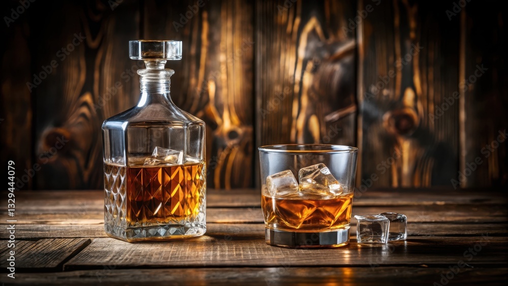 Whiskey glass on wooden table with ice and decanter, glassware, alcohol, glassware, alcohol, barrel,whiskey, decanter, table Whiskey glass on wooden table with ice and decanter, glassware, alcohol, glassware, alcohol, barrel,whiskey, decanter, table