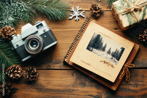 Nostalgic Christmas Photo Collage on Rustic Wood Table with Vintage Camera from Winter Seasons Past