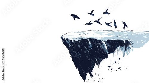 Digital illustration depicting a stylized cliff edge with a small amount of snow on top. A flock of dark birds are depicted flying away from the cliff, some above and some below the cliff's edge.