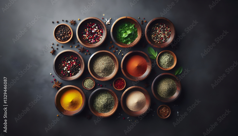 A top-down view of various colorful spices arranged in wooden bowls, showcasing a variety of textures and vibrant hues. Perfect for culinary, cooking, and gourmet-related visuals. A top-down view of various colorful spices arranged in wooden bowls, showcasing a variety of textures and vibrant hues. Perfect for culinary, cooking, and gourmet-related visuals.
