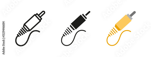 RCA audio cable icon. Yellow connector plug for sound transmission illustration. Analog signal connection for audio devices and stereo equipment. Electronics interface for media and music systems.