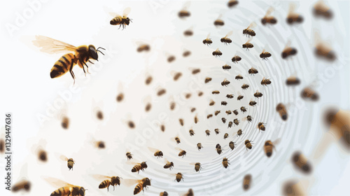 A high-angle, close-up shot depicts numerous honeybees (Apis mellifera) swarming around and entering a circular hive entrance. The background is predominantly bright white, creating high contrast.