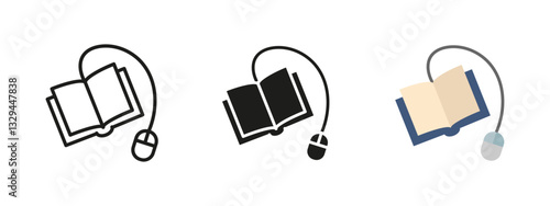 Electronic book reader icon. Book with mouse and cord vector illustration. Digital reading concept with modern technology. Online learning and education through digital devices.