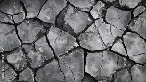 High-resolution close-up image of a cracked stone surface. The image is monochrome, exhibiting various shades of gray.  The cracks are irregular and create a fragmented pattern across the entire
