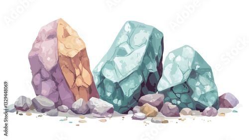 Digital illustration depicting three large, irregularly shaped rocks in pastel colors:  light purple, pale orange/yellow, and teal/aqua. The rocks are positioned slightly overlapping, creating a