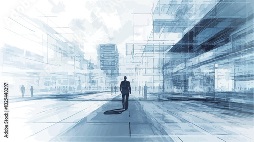 The image is an abstract representation of a cityscape, rendered in shades of blue and white.  The background features blurred, overlapping structures suggesting high-rise buildings and urban