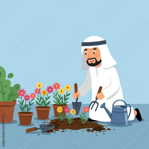 Man Gardening Flowers in Pots Using Gardening Tools Outdoors