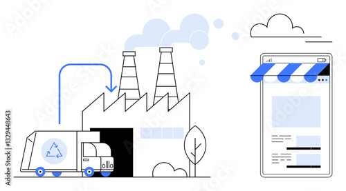 Recycling truck unloading at factory near chimneys, connected to digital storefront interface, suggesting sustainability. Ideal for themes eco-friendly business, green energy, recycling, circular