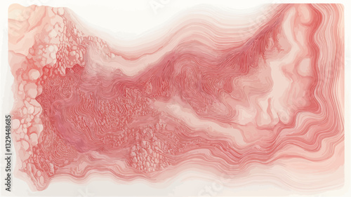 The image presents an abstract composition featuring a dominant pink hue with variations in tone and saturation.  The pink forms an amorphous shape against a white background. The texture is