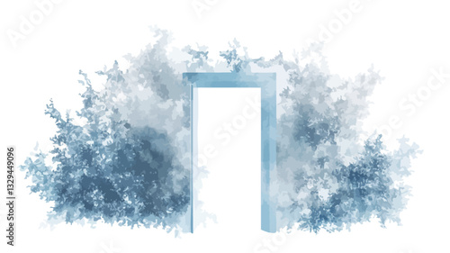 The image is a digital painting or rendering depicting a simple, rectangular doorway rendered in light blue. The doorway is centered and stands out against a background of soft, blurred, light blue
