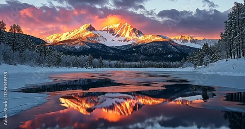 Winter Sunrise Mountain Reflection on Frozen Lake