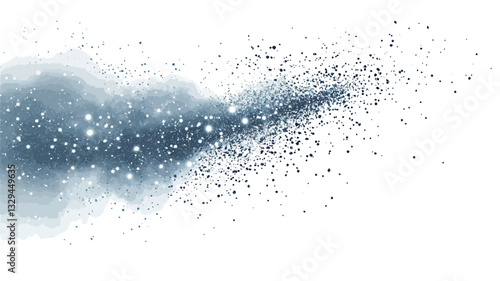The image showcases an abstract design featuring a streak of blue dust and sparkles against a white background. The dust trail is irregular in shape, appearing to flow dynamically from left to