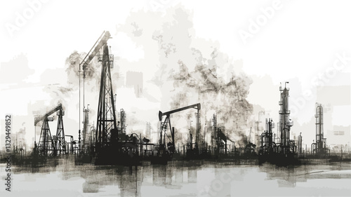 The image is a monochrome, abstract depiction of an industrial landscape.  The style is painterly, with visible brushstrokes or texture. The central focus is a series of tall, slender industrial