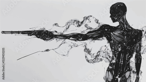 Monochrome illustration of an anatomical figure holding a firearm. The figure is rendered with detailed musculature and a stylized, almost smoky effect around the body, creating a sense of movement
