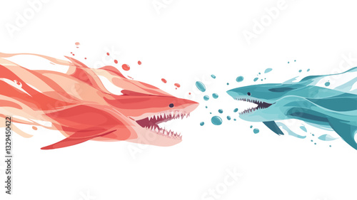 The image is a digital illustration depicting two stylized sharks facing each other. One shark is rendered in shades of orange and red, with flames emanating from its body. The other shark is in