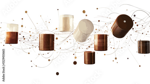 The image depicts multiple cylindrical shapes of varying sizes and shades of brown and beige, seemingly floating against a white background.  These cylinders are interspersed with thin, white,