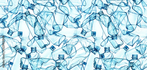 Watercolor seamless pattern with plastic. Light blue color. Plastic cups, transparent bottles for ecology posters, stop pollution, save the ocean, Earth day posters. Repeat motif for web and banners