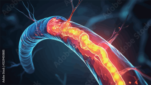 A detailed microscopic 3D rendering of a nerve fiber.  The axon is depicted with a central core of glowing red and orange, suggesting inflammation, while the surrounding structure is rendered in