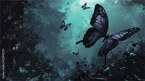 A digital illustration or painting depicting a swarm of dark-colored butterflies in a dimly lit, possibly underwater or cavernous environment. The color palette is predominantly dark blue, purple,