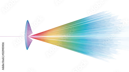 The image showcases a stylized depiction of light passing through a prism, resulting in the dispersion of light into its constituent colors. The prism is represented as a curved, translucent