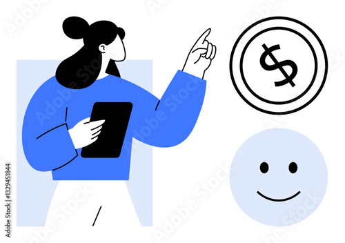 Woman with tablet gesturing toward a dollar icon alongside a happy face. Ideal for finance, success, motivation, investment, income, entrepreneurship, achievement. Flat simple metaphor