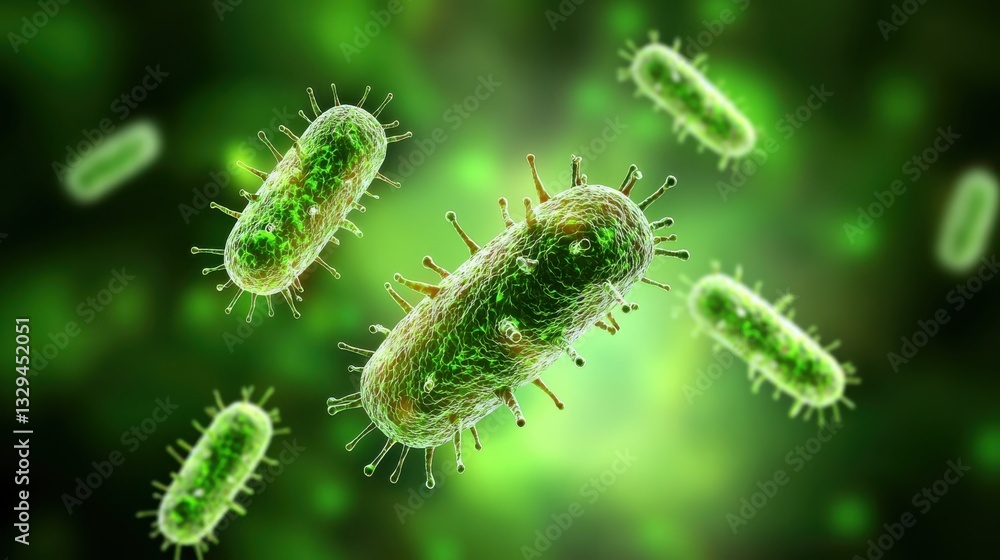 Fototapeta premium Microorganisms floating in a green, glowing environment.