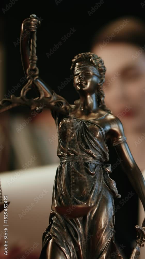 Vertical video. Lawyer's office. Statue of justice with scales and a lawyer working on a laptop. Concept of law, legal advice and justice. Vertical video. Lawyer's office. Statue of justice with scales and a lawyer working on a laptop. Concept of law, legal advice and justice.