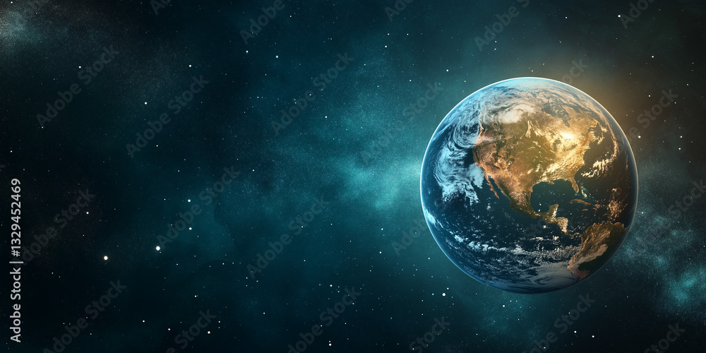 Obraz premium A breathtaking view of Earth from space, glowing in shades of blue and green, symbolizing unity and care for our shared home, with empty space on the right for text