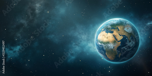 A breathtaking view of Earth from space, glowing in shades of blue and green, symbolizing unity and care for our shared home, with empty space on the right for text