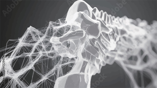 A grayscale, three-dimensional rendering of an abstract skeletal structure.  The image is predominantly in shades of gray, with varying densities creating a sense of depth and complexity.  The