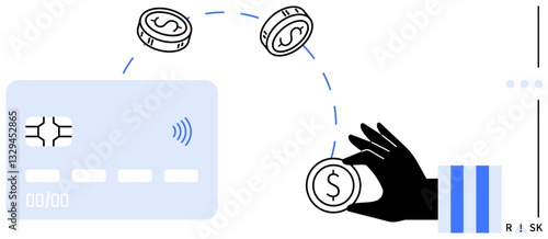 Hand tossing coins at credit card with contactless chip symbol, implying financial decisions, spending. Ideal for money management, security, finance, banking, investment, technology flat simple